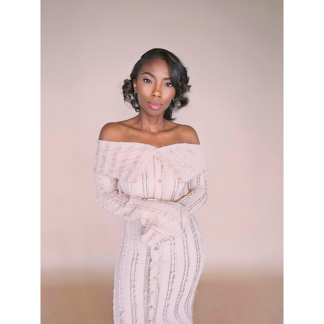 off the shoulder khaki dress Adrianna Off the Shoulder Dress