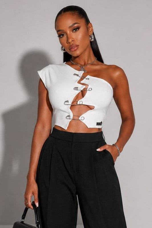 Paper Clip One Shoulder Top - White