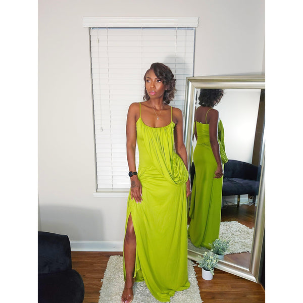 Grecian Goddess Ruched Dress - Lime