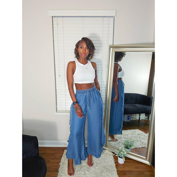 Hailey High Rise Ruffle Wide Leg Denim Pants