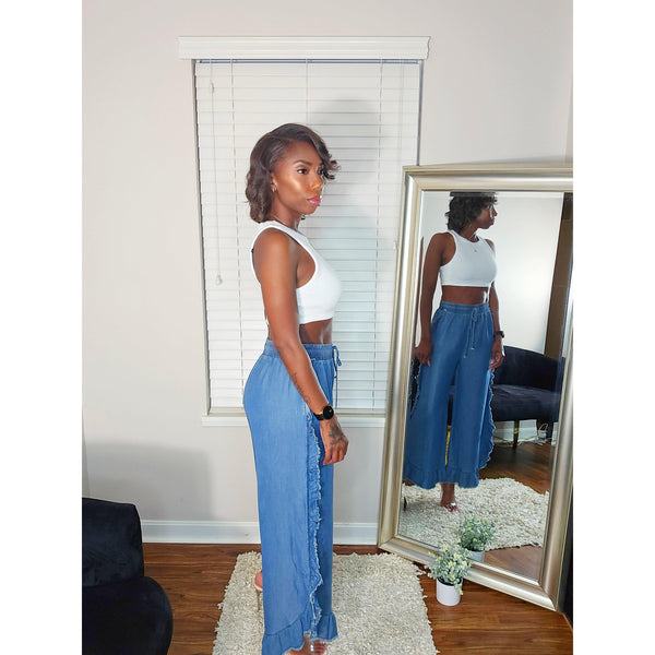 Hailey High Rise Ruffle Wide Leg Denim Pants