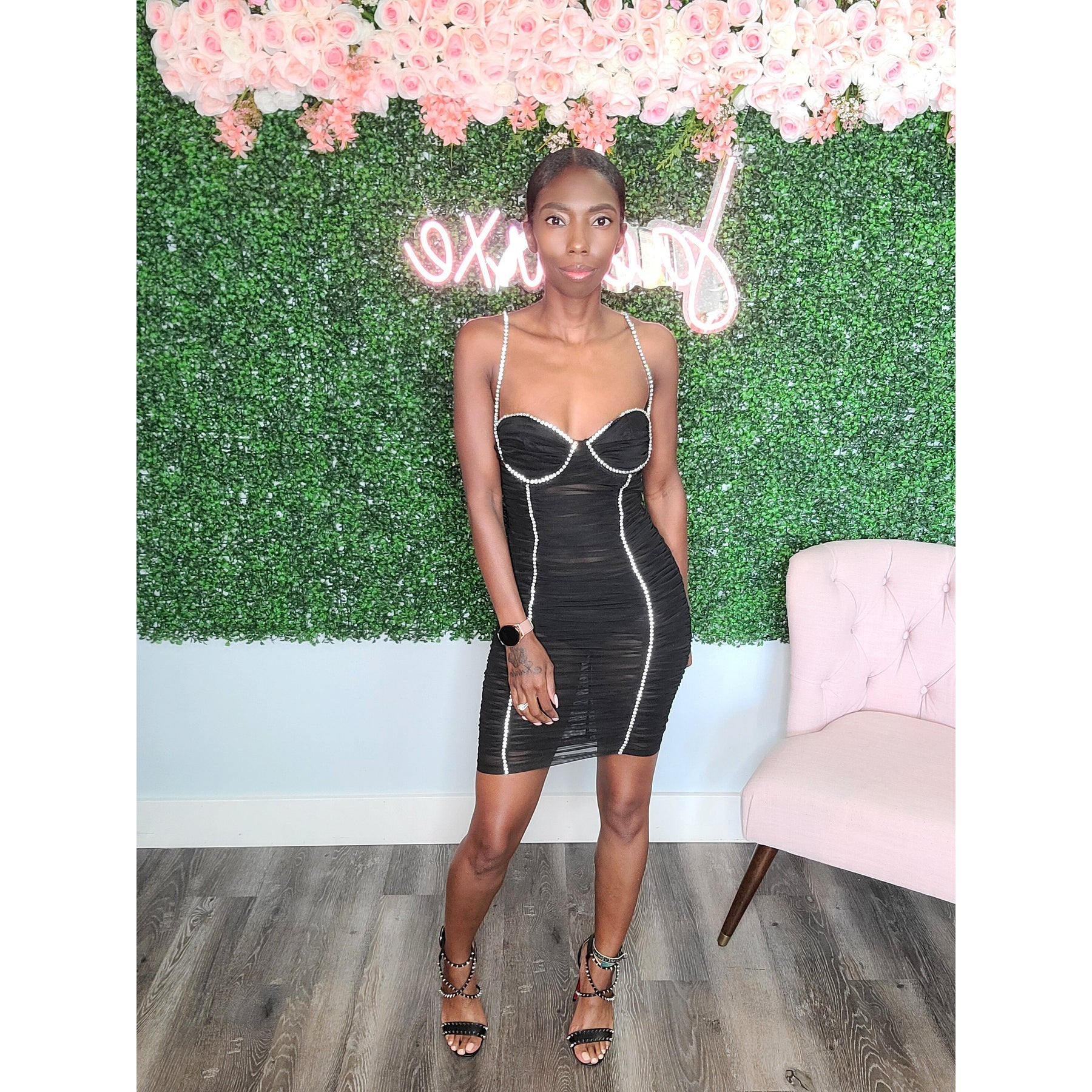 Rihanna Rhinestone Mesh Mini Dress - Black JaeLuxe Shoetique Rihanna Rhinestone Mesh Mini Dress - Black JaeLuxe Shoetique