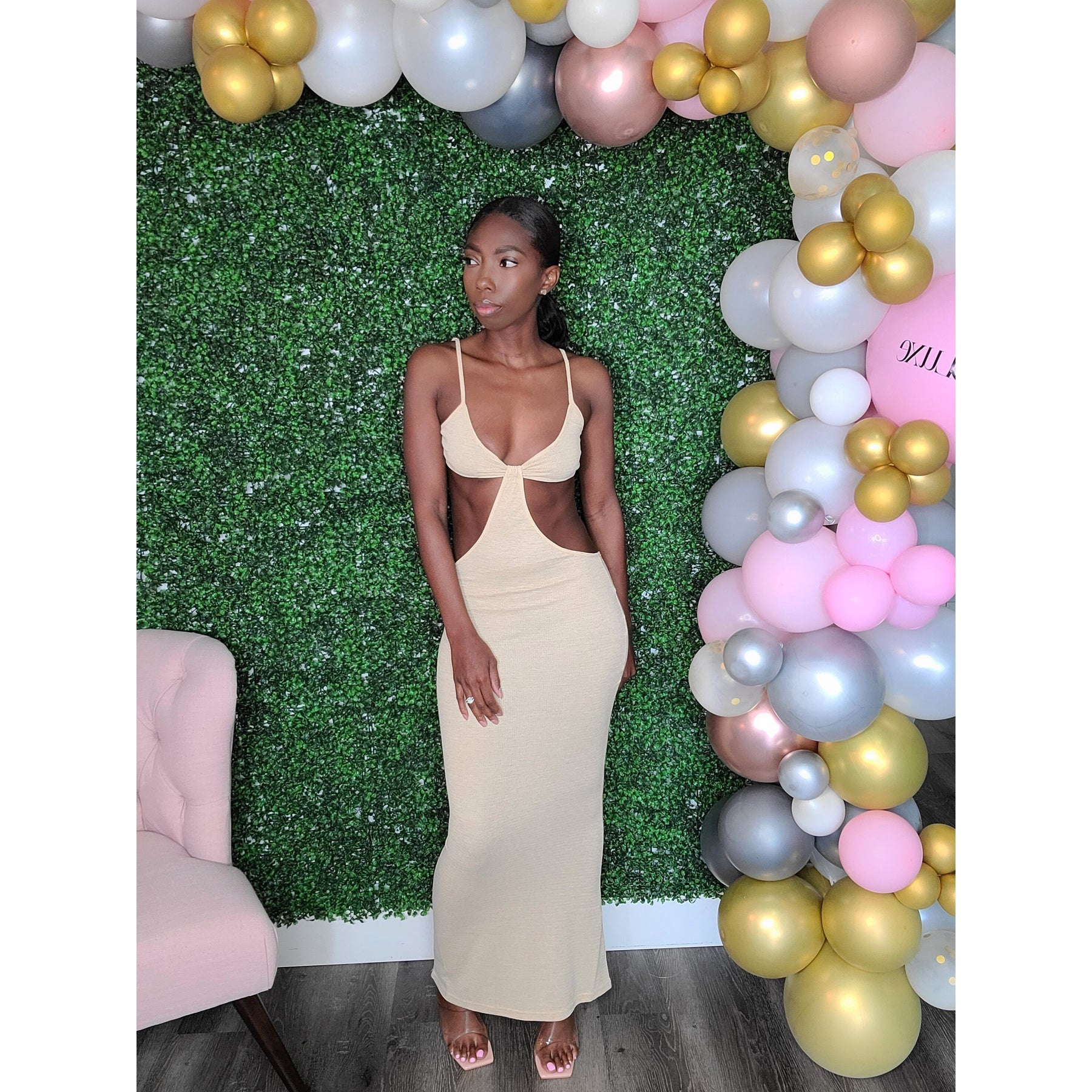 Stella Sleeveless Cutout Maxi Dress - Nude JaeLuxe Shoetique Stella Sleeveless Cutout Maxi Dress - Nude JaeLuxe Shoetique